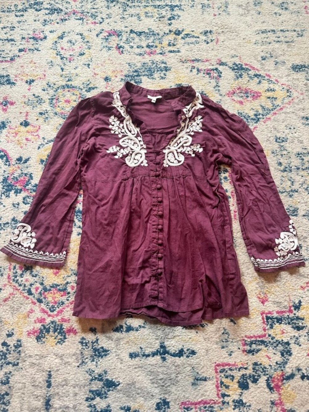 Joie Embroidered 100% Cotton Burgundy Blouse - Small
